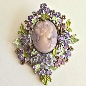 Cameo brooch lavender green pink floral flowers garden pastel fancy pin